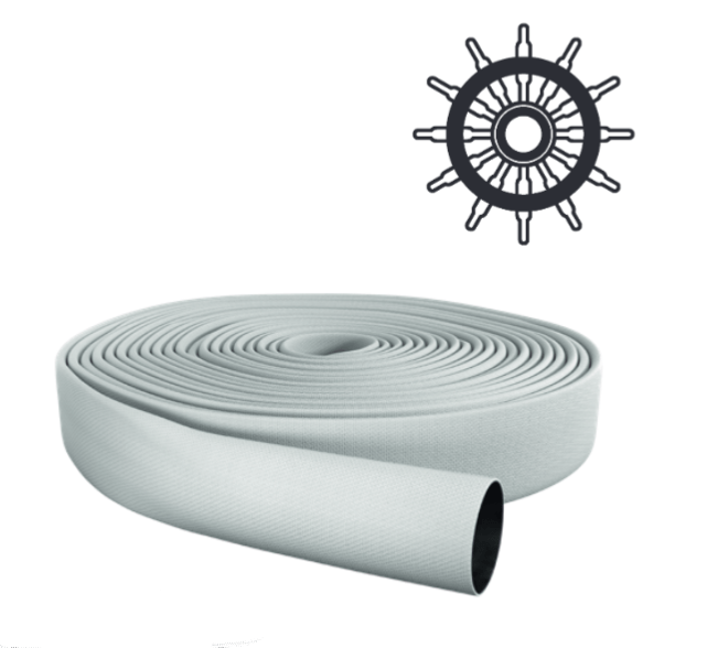 Eschbach FS &ndash; Standard DIN wall hydrant hose, MED approved, 100% polyester yarn, EPDM inner rubber lining, extremely resistant to ageing, steering wheel approval, MED approval, shipping, Lloyd&rsquo;s Register certification, maritime safety standards, certified hose solutions, Eschbach hoses for ships, reliable quality at sea, fire protection on ships, approved marine equipment, offshore use, international approvals