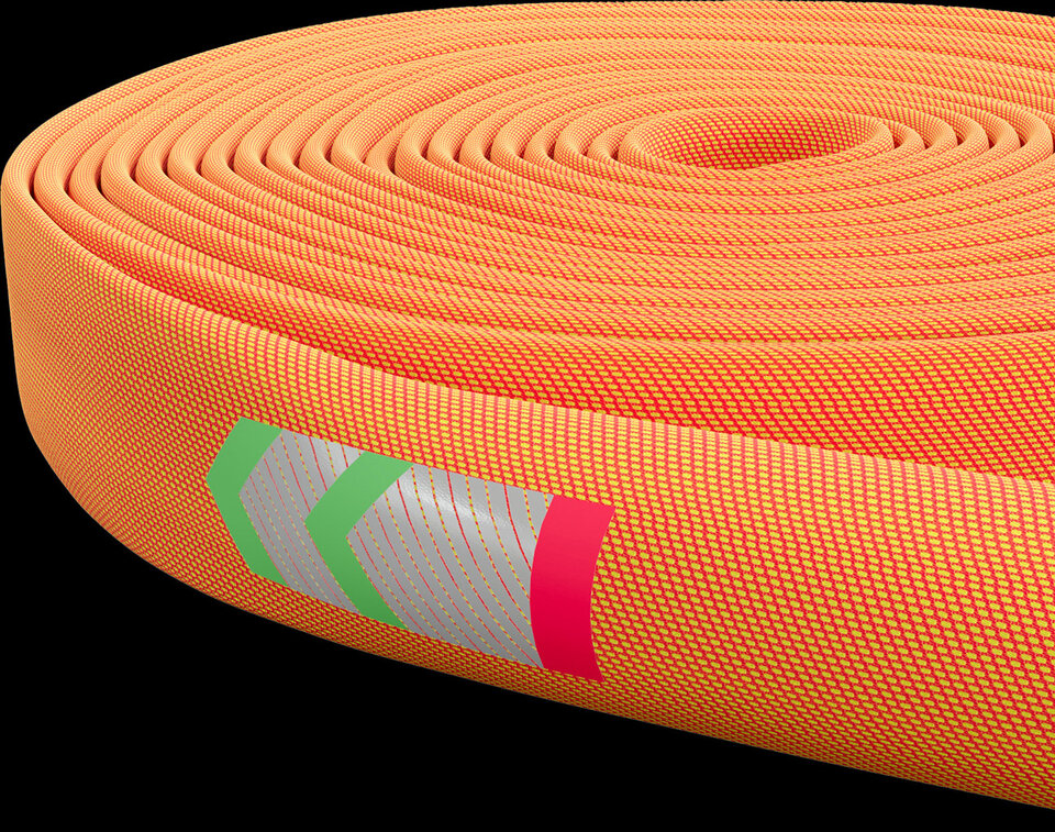Buffalo Safety &ndash; Indoor attack hose with integrated safety reserve, phosphorescent and reflective direction arrows, increased visibility in smoke, orange/yellow, C42, red/green collars to prevent mix-ups, for hose bundle use